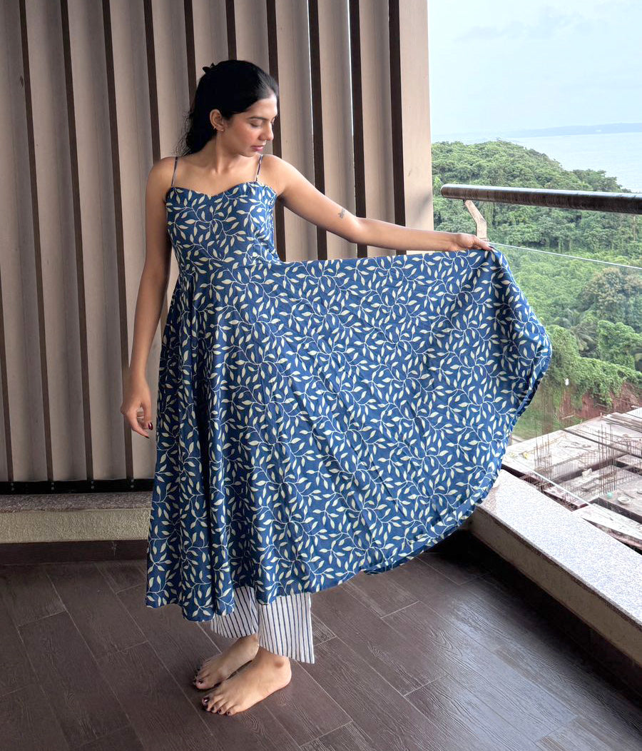 Sapphire Blue Handblock Anarkali Kurta Set