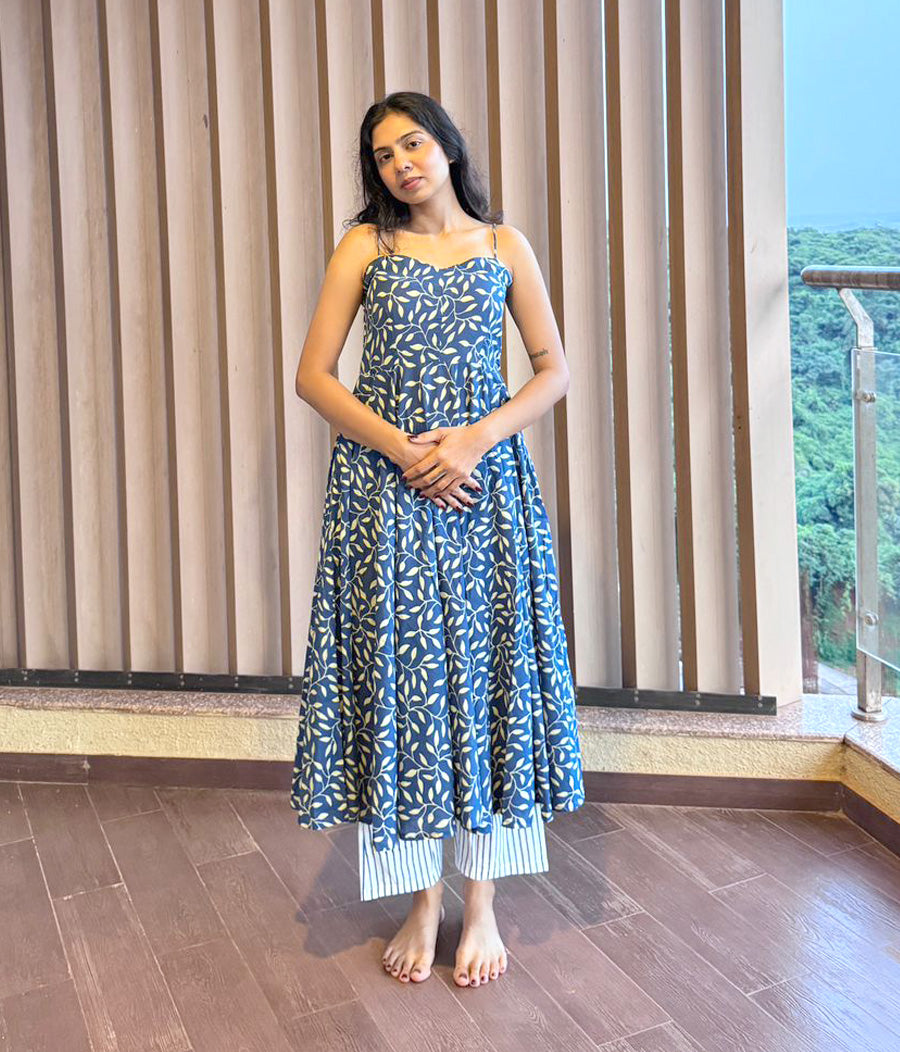 Sapphire Blue Handblock Anarkali Kurta Set