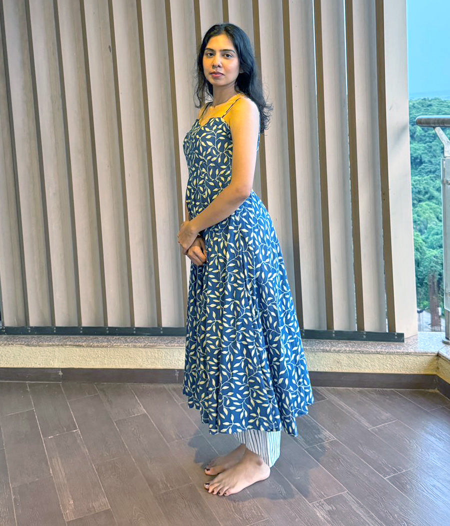 Sapphire Blue Handblock Anarkali Kurta Set