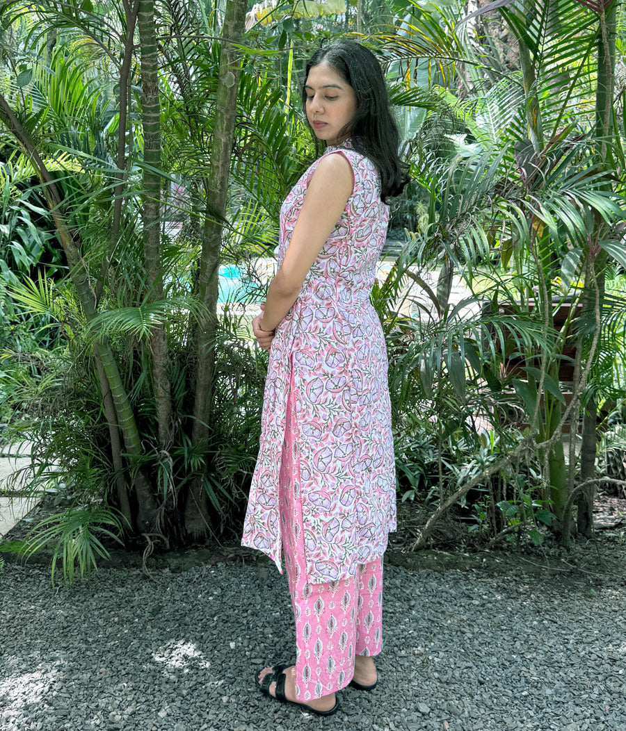 Pink Floral Hand Block-printed Cotton Kurta Set