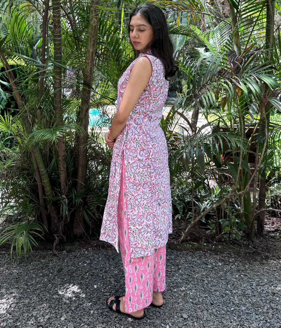 Pink Floral Hand Block-printed Cotton Kurta Set