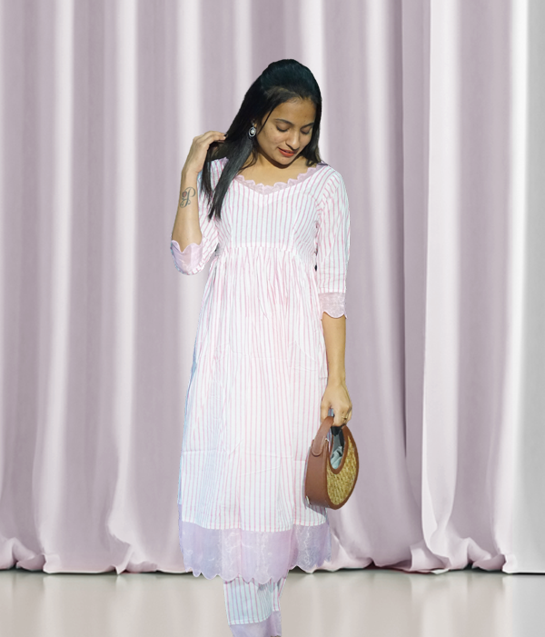 Pink Stripes Mulmul Cotton Kurta Set