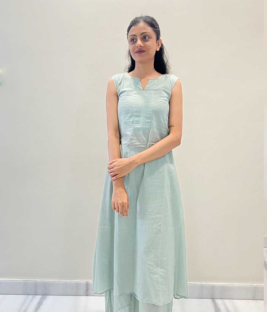 Solid Cotton Kurta Set - Skyblue
