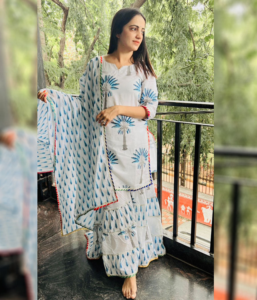 Vibrant Cotton Hand Block Print Sharara Set With Gota Lace and Dupata