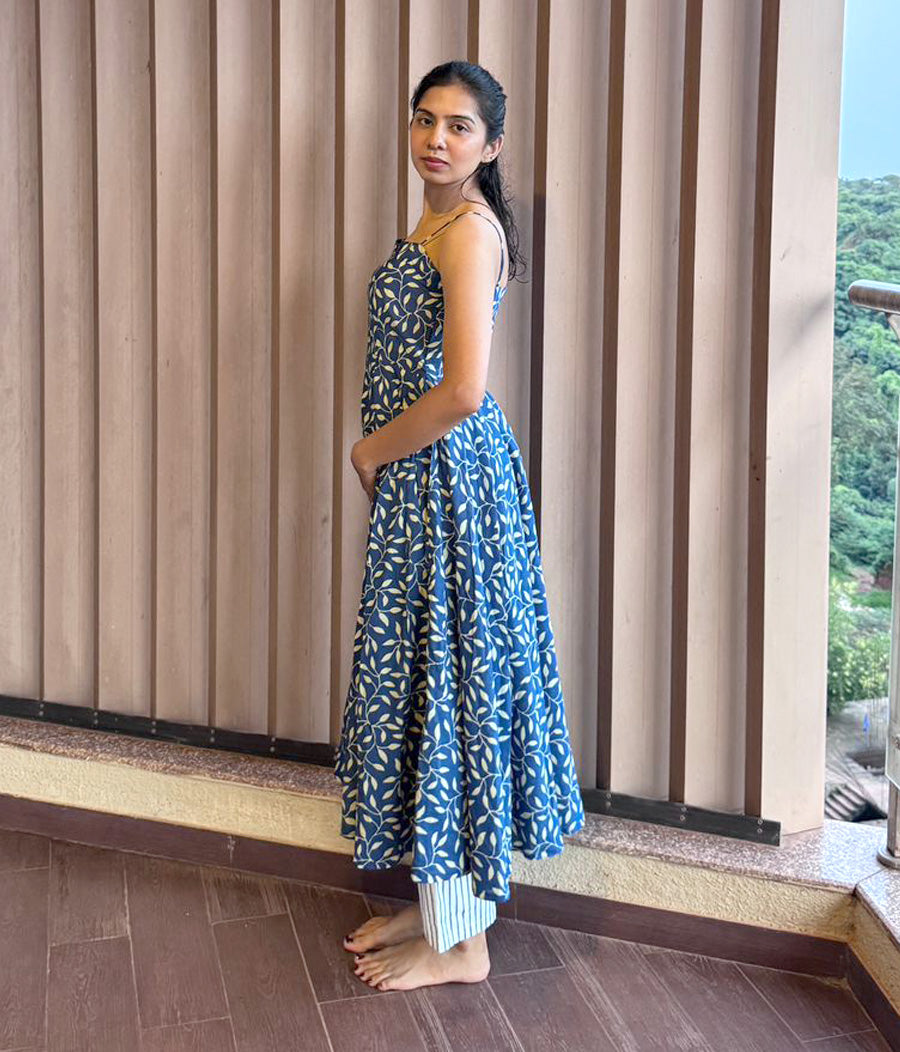 Sapphire Blue Handblock Anarkali Kurta Set