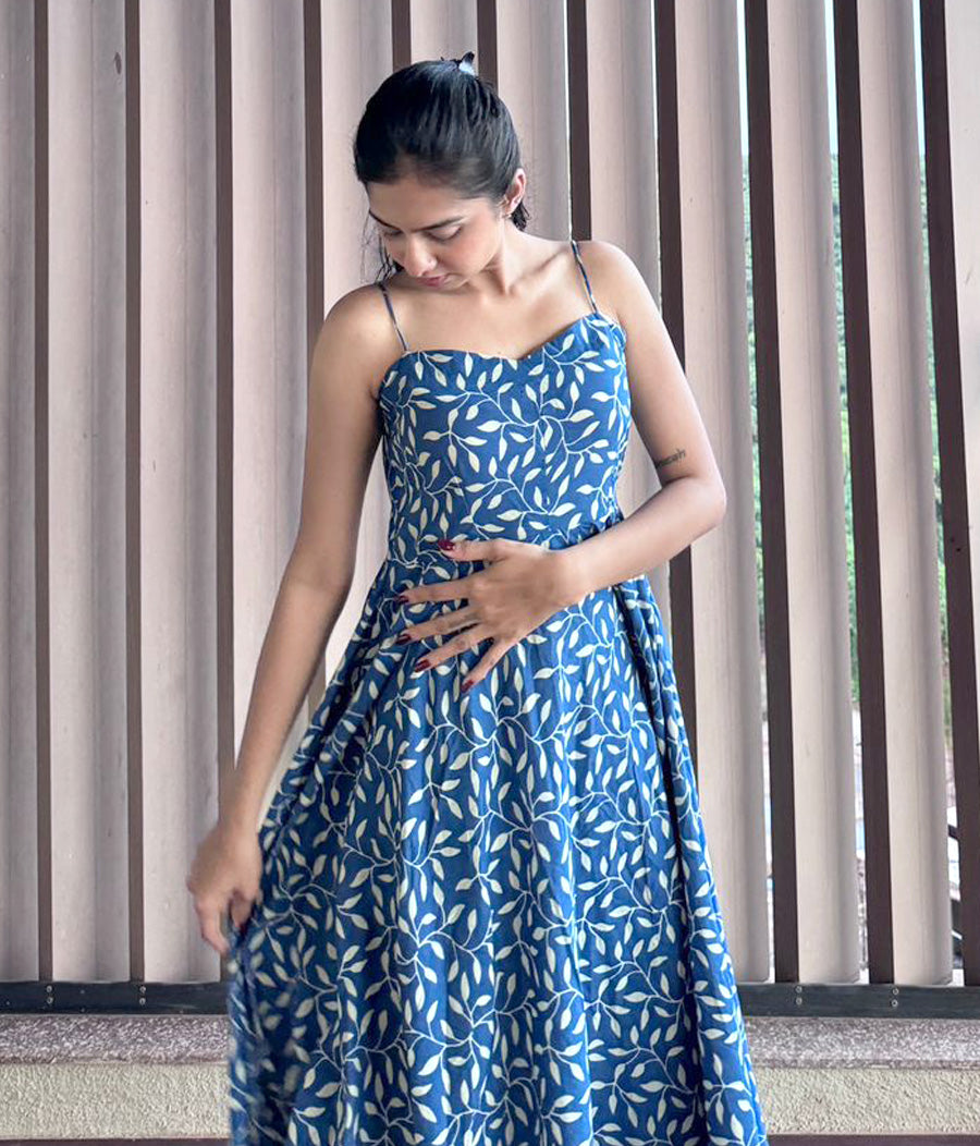 Sapphire Blue Handblock Anarkali Kurta Set