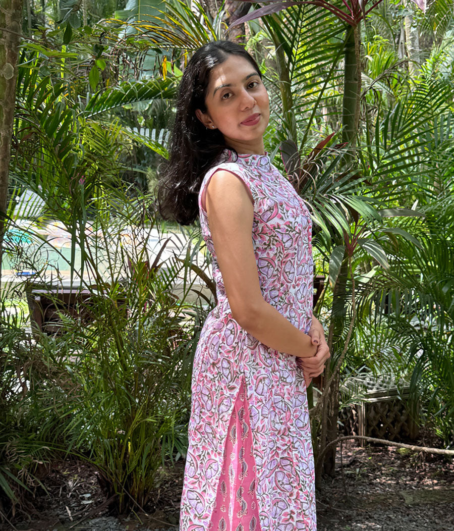 Pink Floral Hand Block-printed Cotton Kurta Set