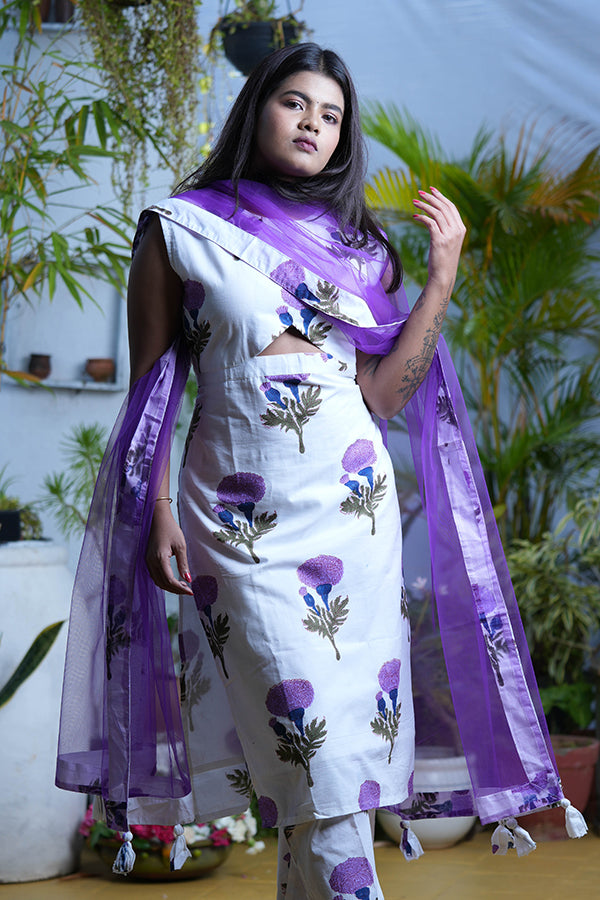 Lavendar Flower Block Print Kurta