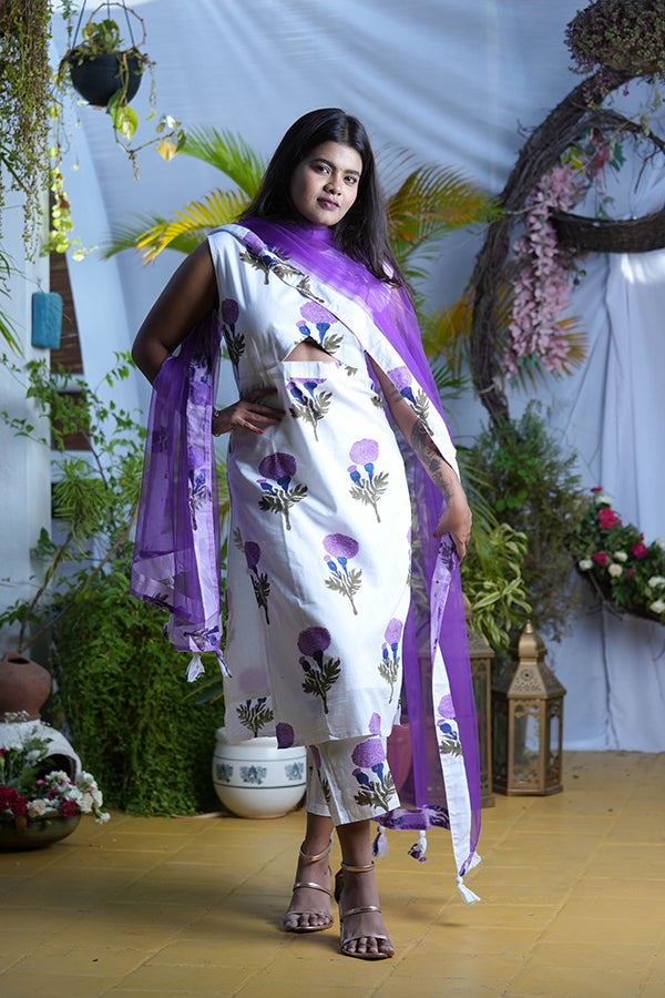 Lavendar Flower Block Print Kurta