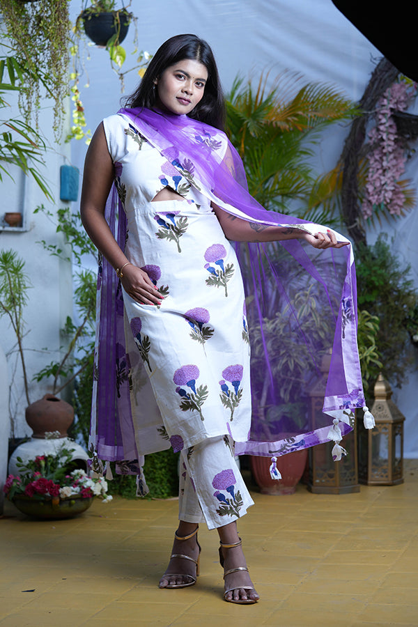Lavendar Flower Block Print Kurta