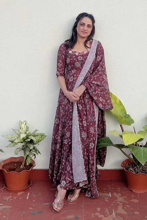 Brown Floral Georgette Suit