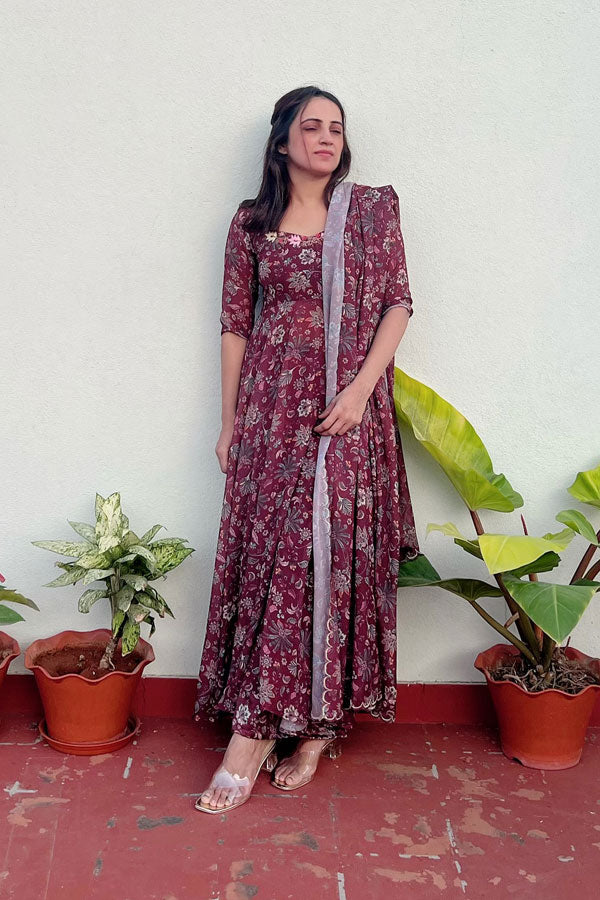 Brown Floral Georgette Suit